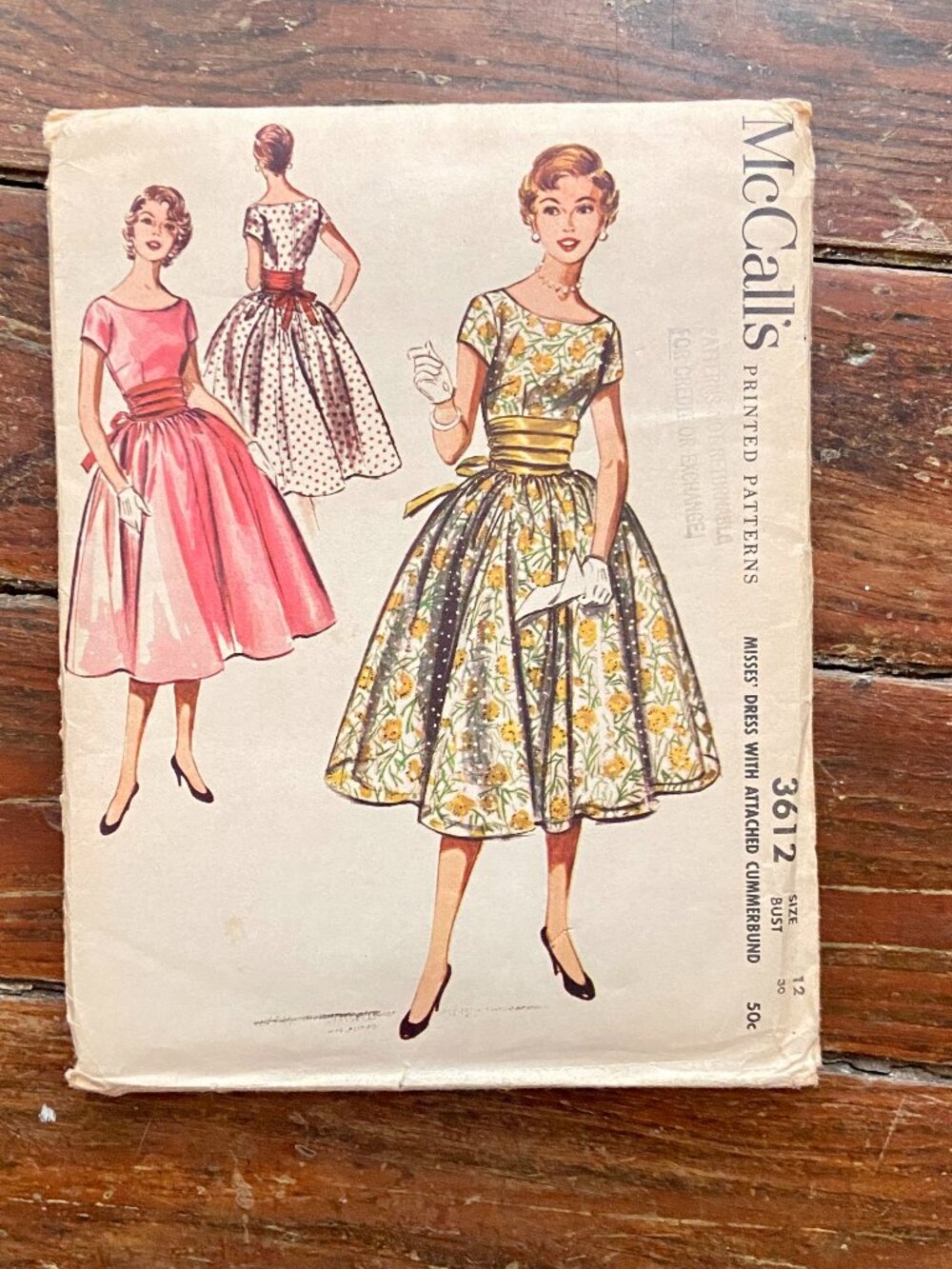 Vintage McCalls Misses 3612 Full Skirt Cummerbund Dress Pattern Sz 12 Uncut 1956